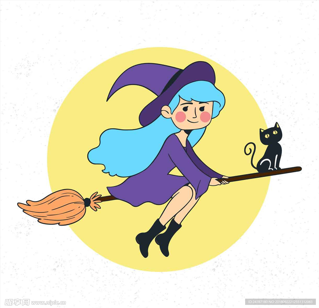 矢量卡通万圣节人物女巫扫帚猫