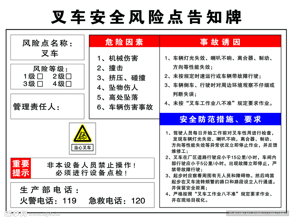 叉车安全风险点告知牌