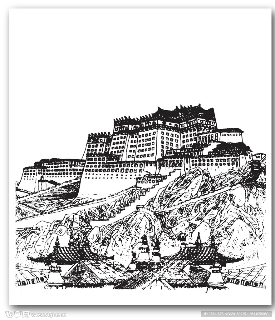 手绘古代建筑矢量素材