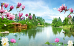 玉兰亭子荷花山水风景图片