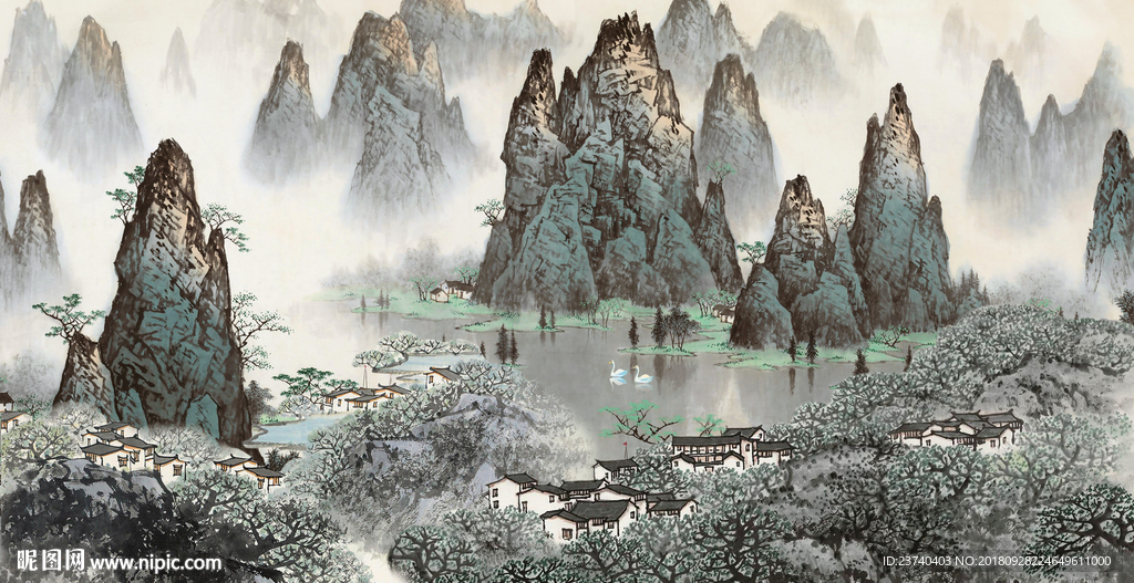 电视背景墙 国画风景