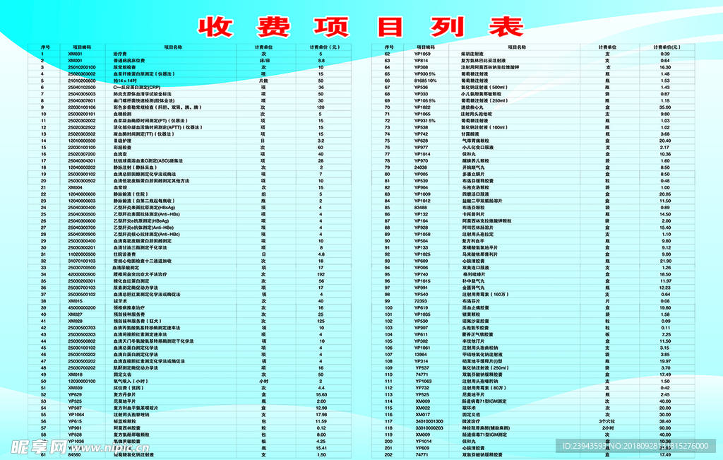 医院收费表