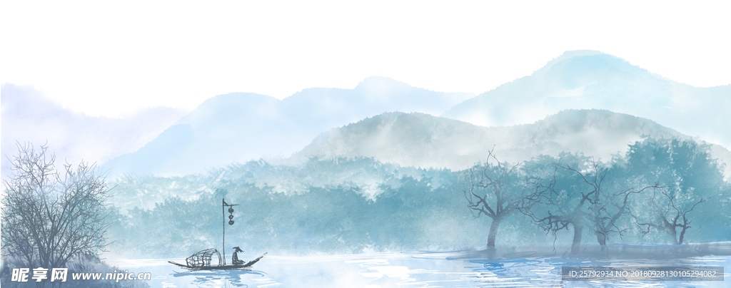 水墨风水彩风山水画