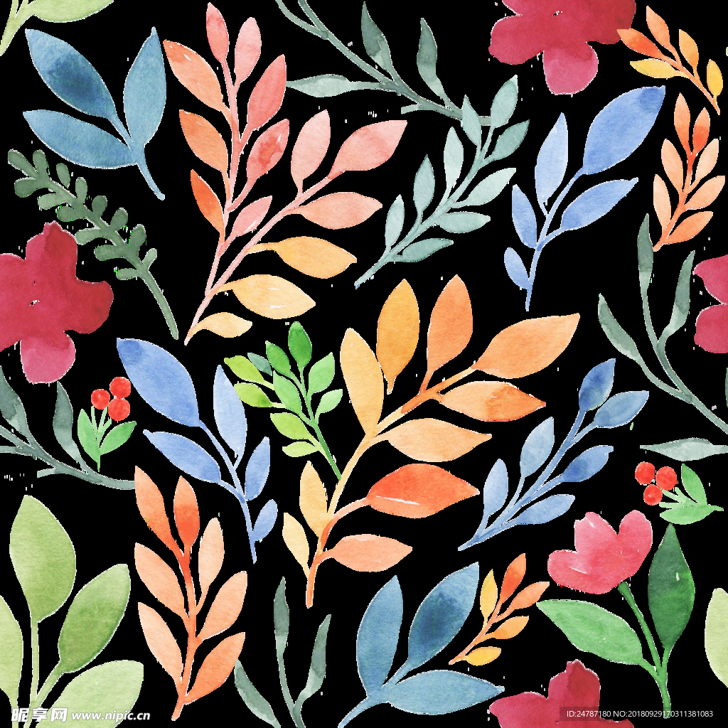 彩色水彩手绘花朵植物树叶