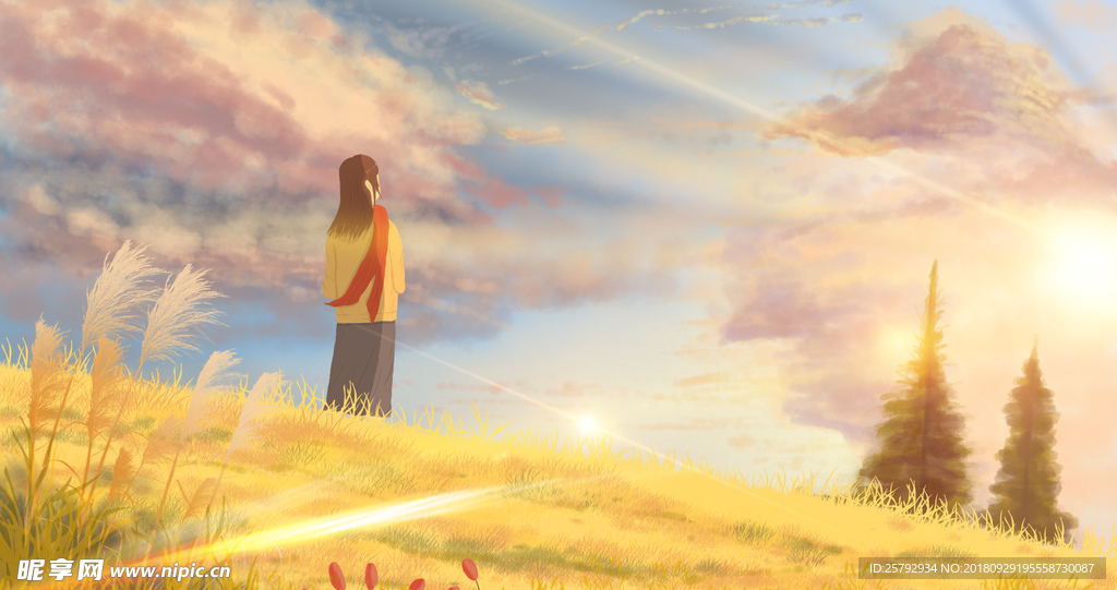 阳光下看云的少女手绘插画