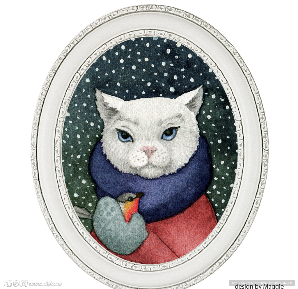 手绘水彩猫咪插画装饰画
