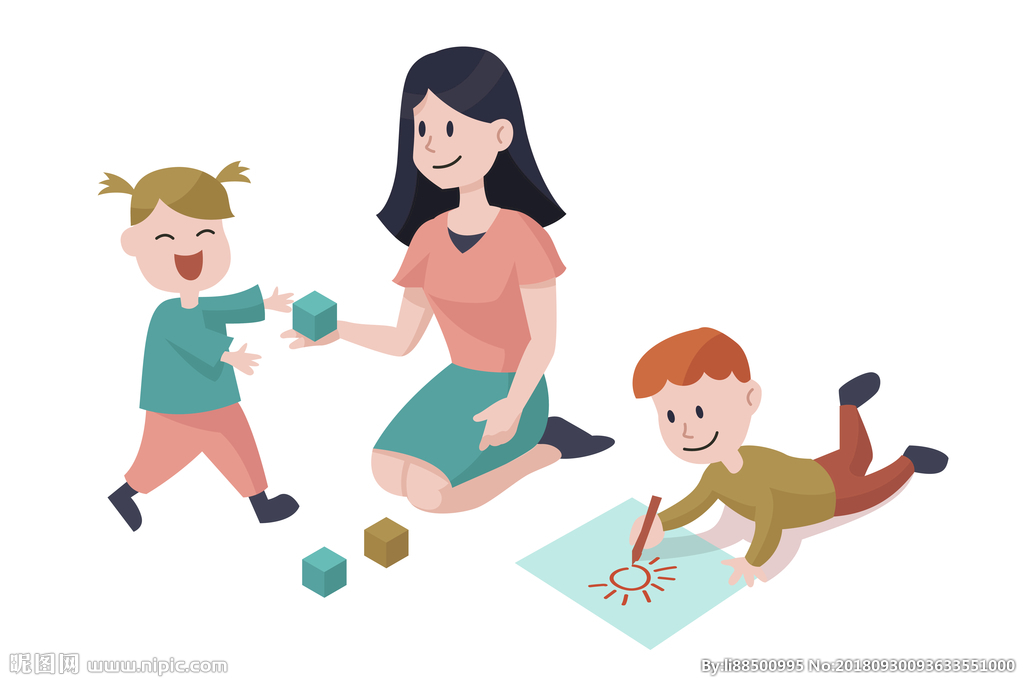 手绘母亲带着两个孩子在玩耍插画