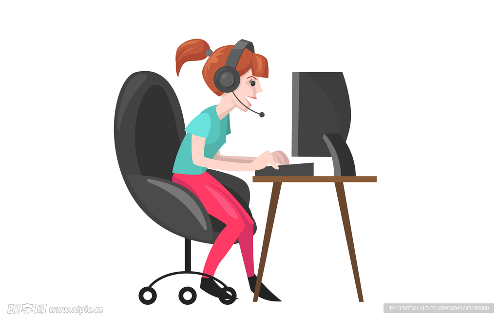 手绘一个女孩在玩电脑插画设计