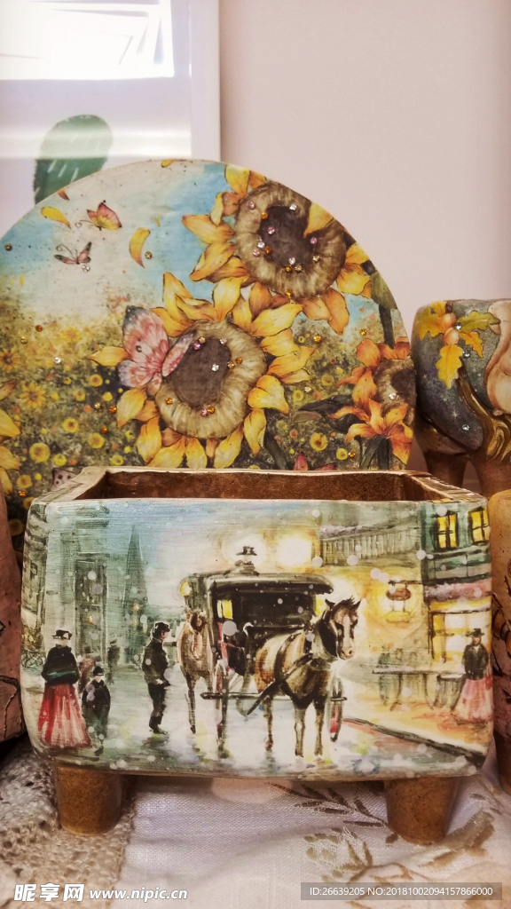 韩国 手工 花盆 马车 向日葵