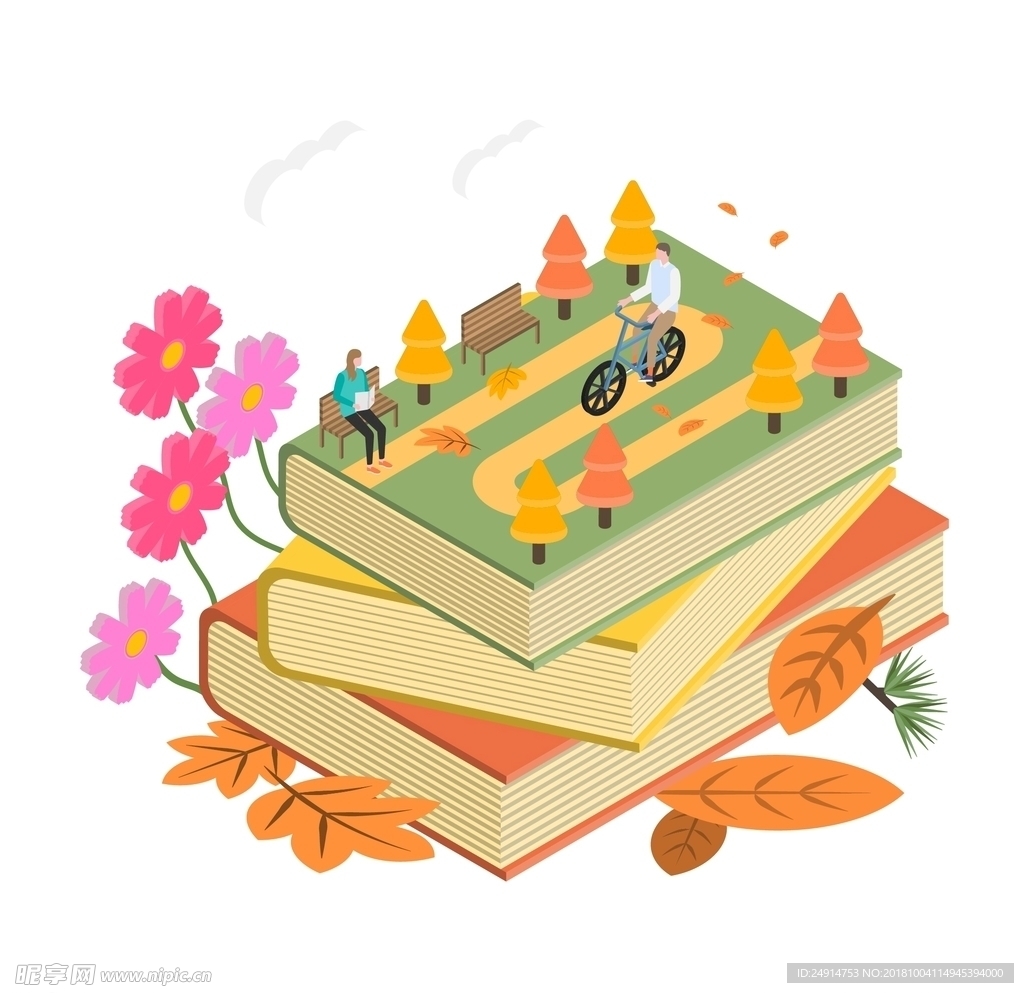 创意书本上运动休闲骑车场景