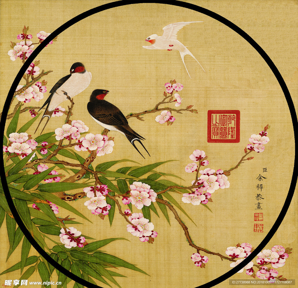 国画 花鸟 工笔 纱画 屏风