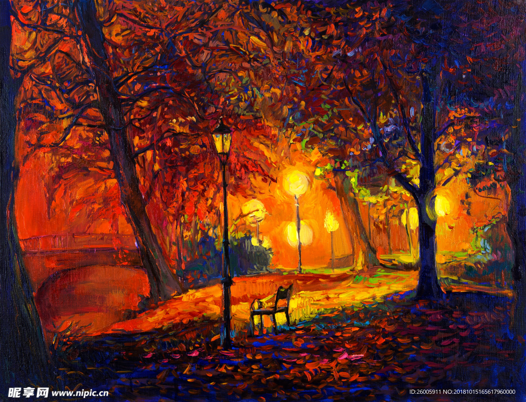 秋季公园夜晚油画