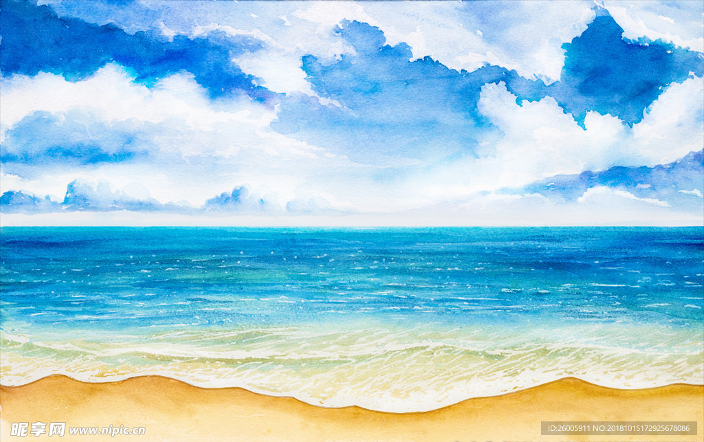 蓝天白云大海风景画