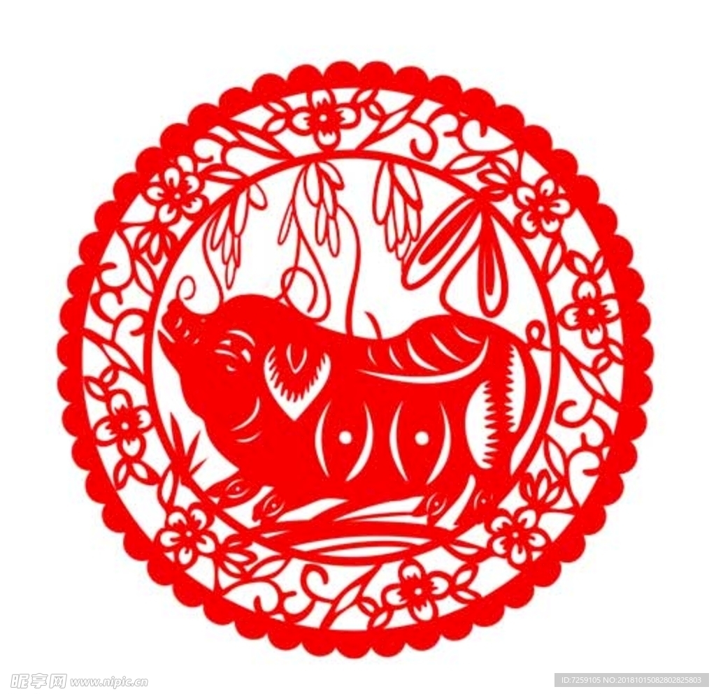 手绘猪年剪纸喜庆窗花插画素材