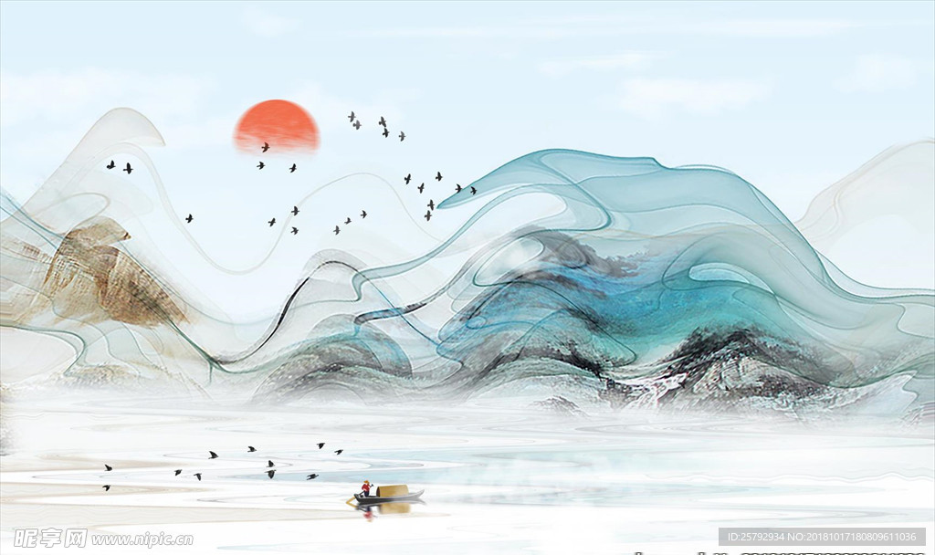 中国风抽象山水装饰画背景墙