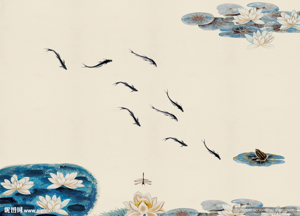 新中式手绘荷花背景墙装饰