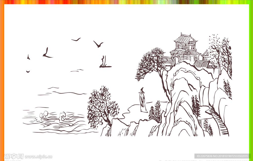 硅藻泥图矢量国画山水