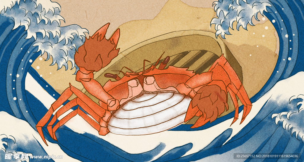 大闸蟹浮世绘风格插画