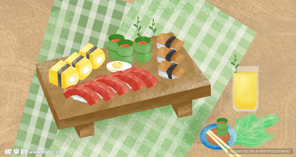 日式美食寿司和饮料晚餐插画