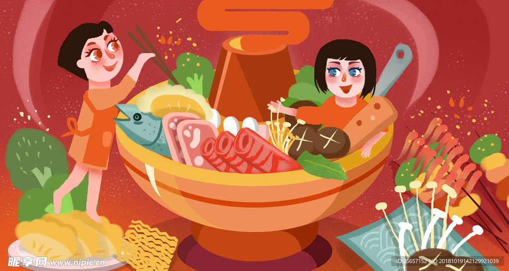 吃火锅热闹创意插画