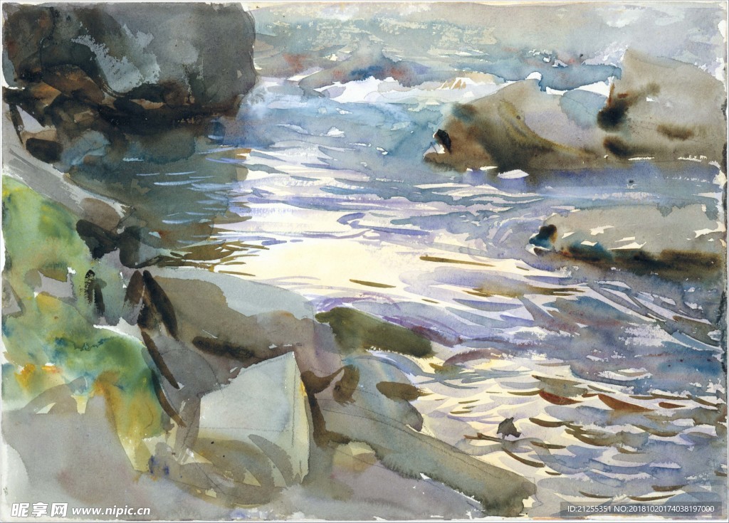 溪流油画