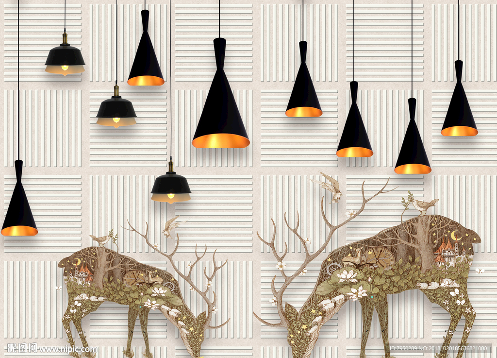 现代简约吊灯麋鹿背景墙装饰