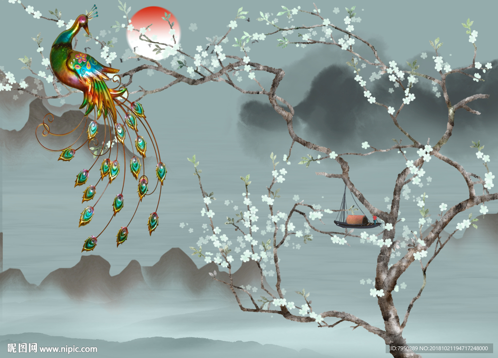 新中式花鸟背景墙装饰