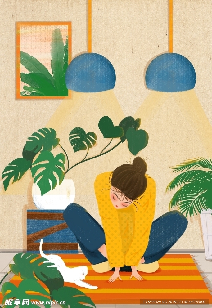 休闲生活女孩和宠物生活方式插画