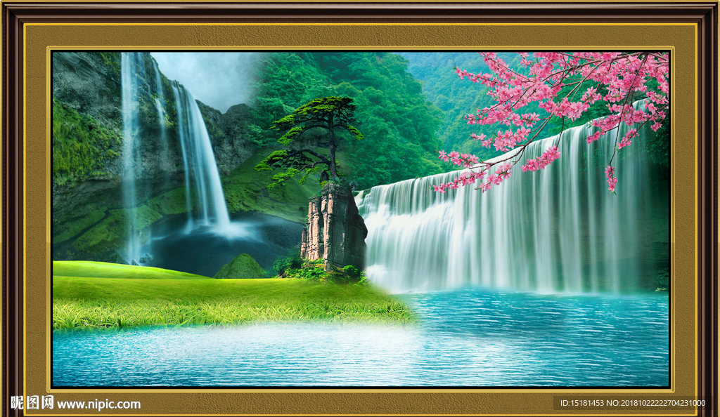 富水长流 山水风景画