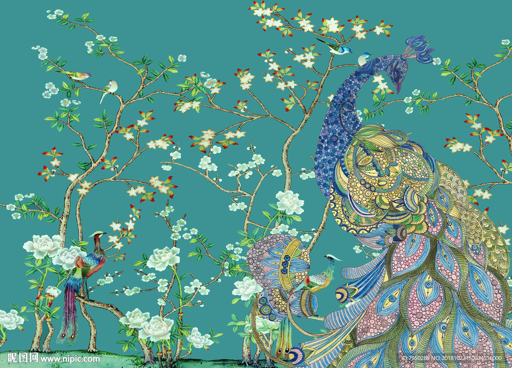新中式花鸟背景墙装饰