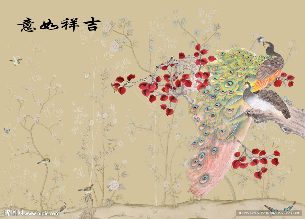 新中式花鸟背景墙装饰