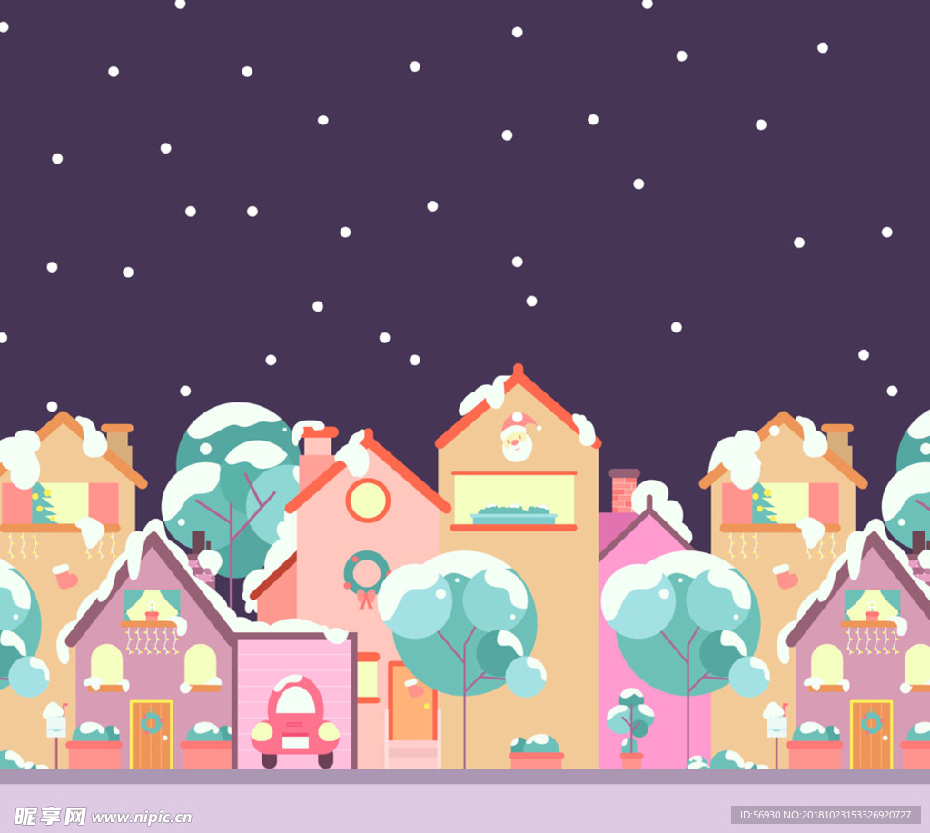 创意冬季雪夜小城风景矢量素材