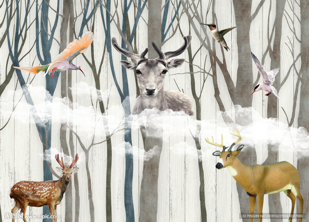 北欧树林鹿背景墙