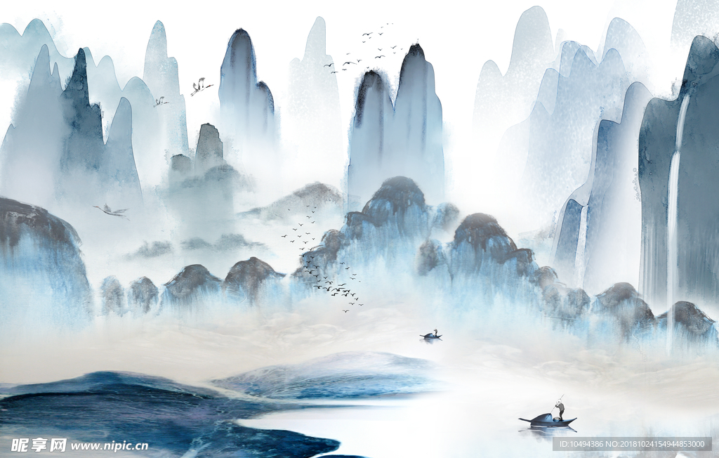 蓝色水墨群峰山水泛舟图画