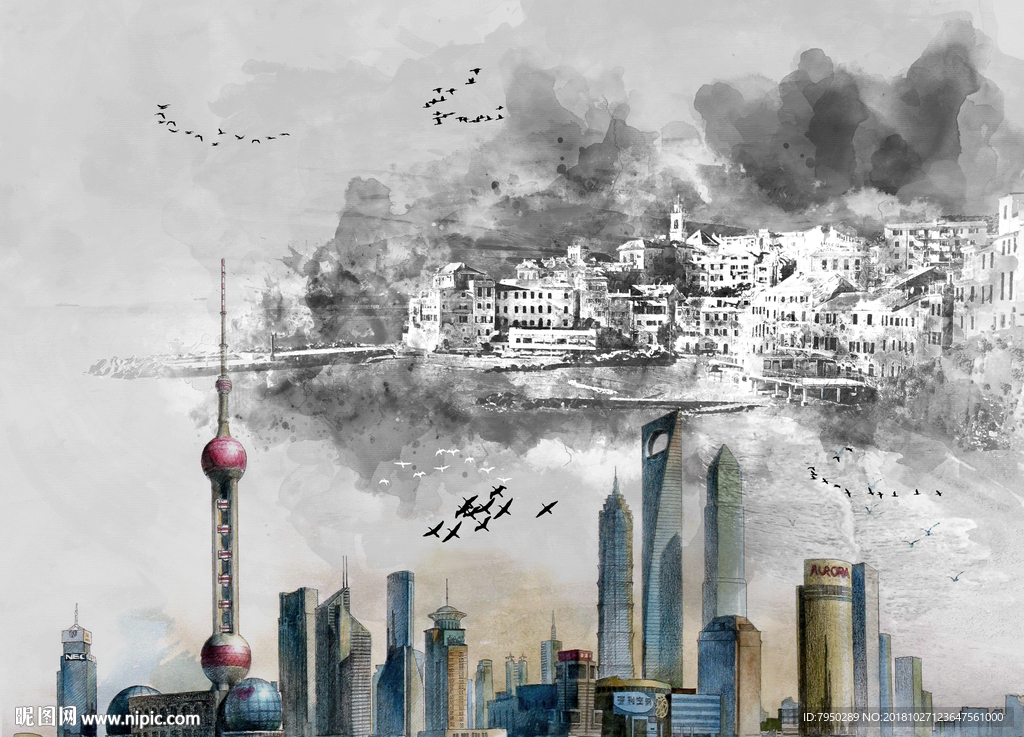 北欧简约时尚城市背景墙