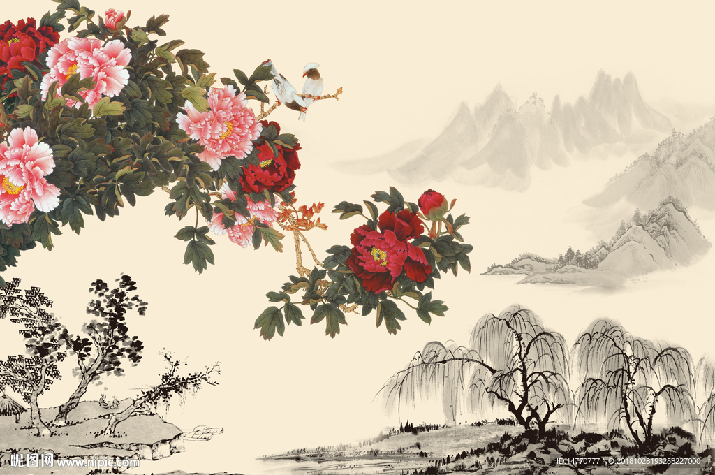 国画牡丹壁画