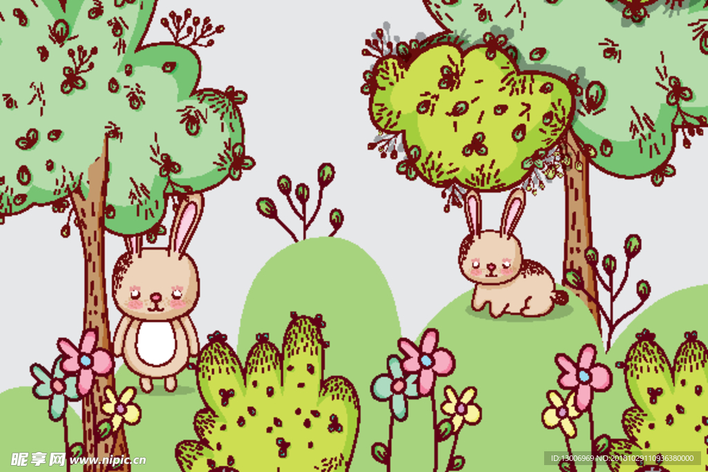 手绘可爱治愈系森林兔子插画