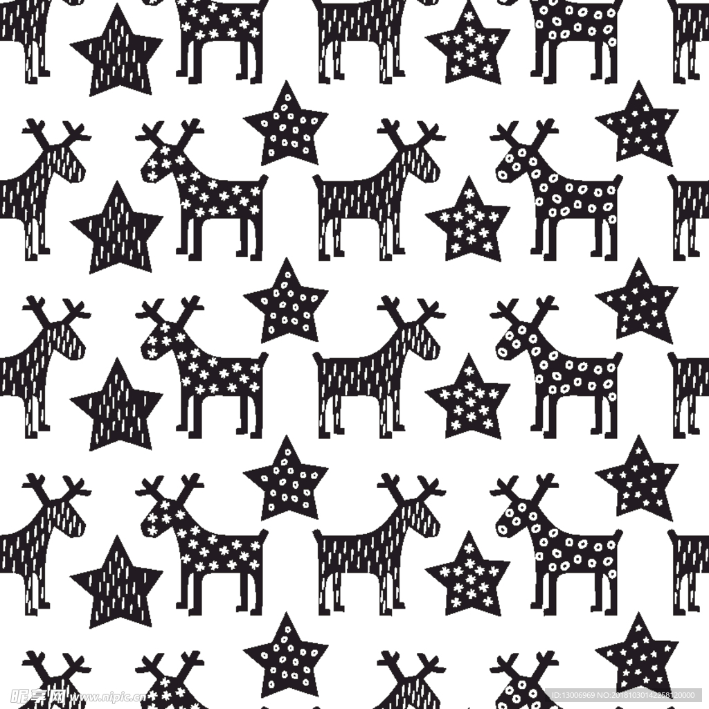 北欧复古圣诞麋鹿圣诞树印花图案