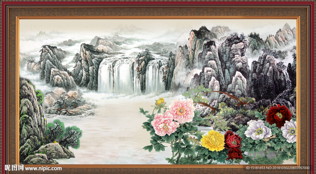 流水生财 国画牡丹