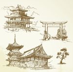 矢量手绘日本古建筑