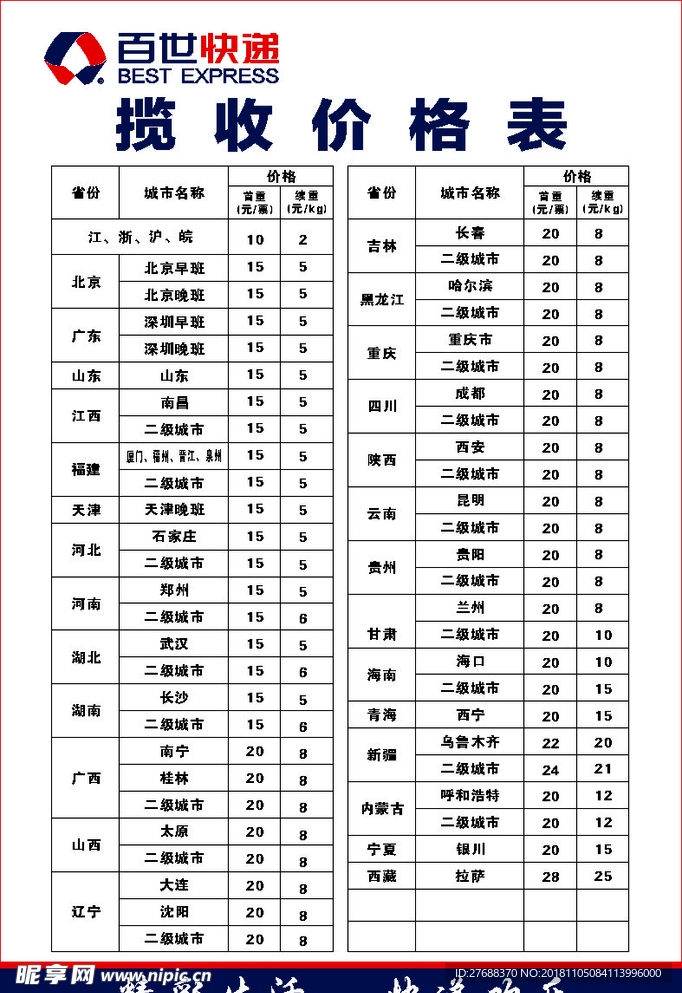 百事快递价格表