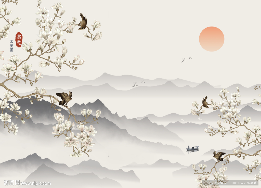 新中式水墨花鸟背景墙