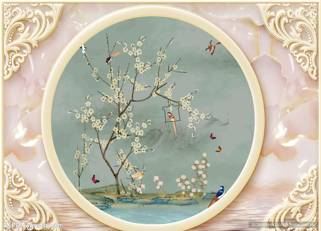 新中式浮雕花鸟背景墙