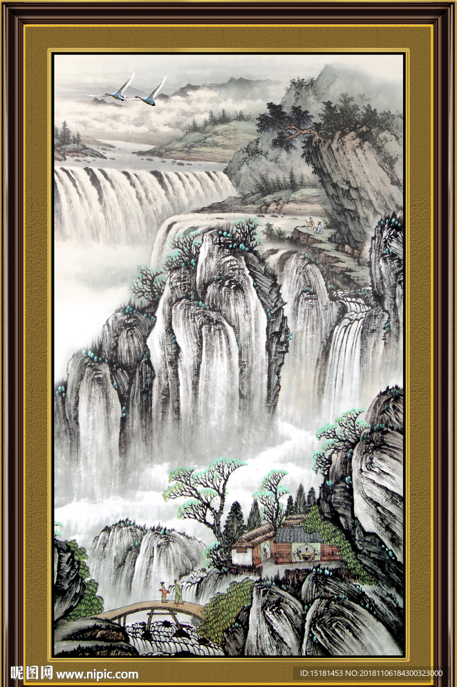流水生财 高山流水 国画瀑布
