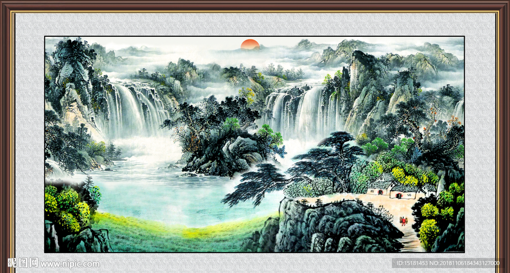 流水生财 高山流水 国画瀑布