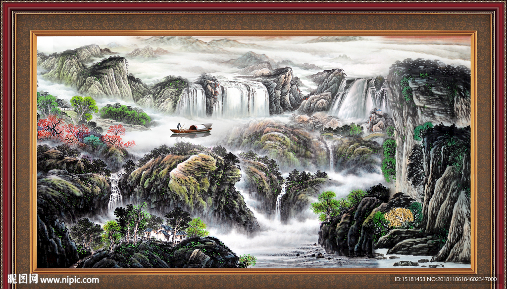 流水生财 高山流水 国画瀑布