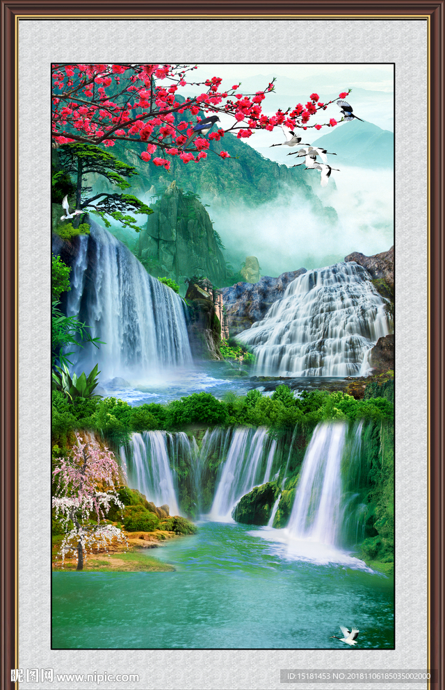 流水生财 高山流水 国画瀑布