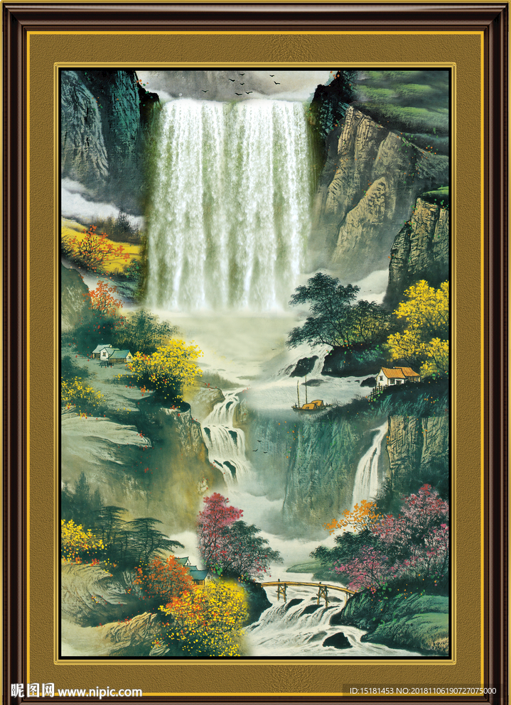高山流水 国画瀑布 巨幅山水