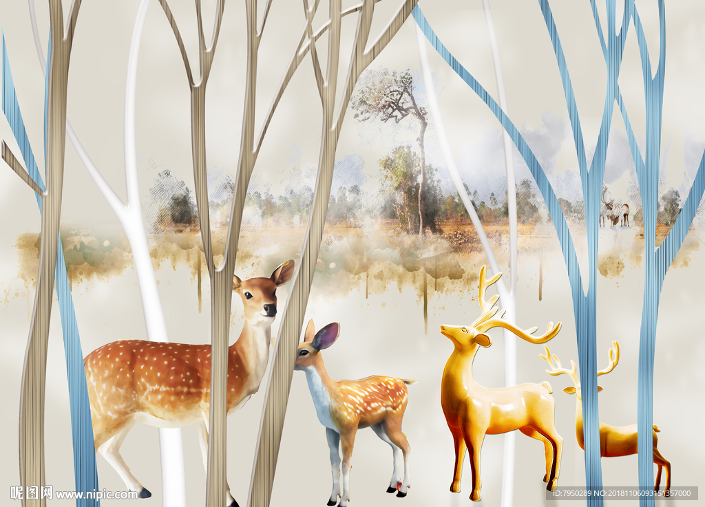 北欧麋鹿树林简约时尚背景墙