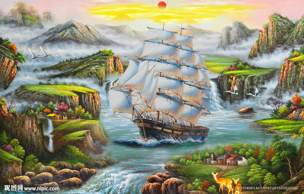 油画风景山水一帆风顺